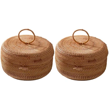 

2X Rattan Weave Food Container Storage Box Handmade Organizer Kitchen Breathable Cans L & S