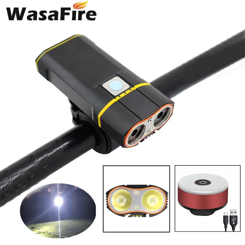 with red taillight WasaFire 2* XML-T6 светодиодный велосипедный передний светильник USB велосипедный флэш-светильник 5 режимов велосипедный головной светильник фонарь+ крепление на руль+ задний светильник - Цвет: with red taillight