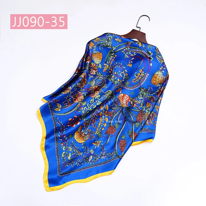 JJ090-35 90*90 см квадратный шарф для женщин, подходит ко всему, элегантные цветочные шарфы для волос, Женская бандана, весна-осень, атласные шелковые шарфы, шаль - Цвет: JJ090-35