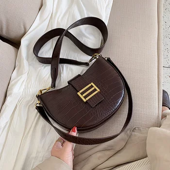

Stone Pattern Crossbody Bags Women 2020 Fashion Pure Color PU Leather Messenger Bag Lady Handbags Zipper Closed Black Saddle Bag