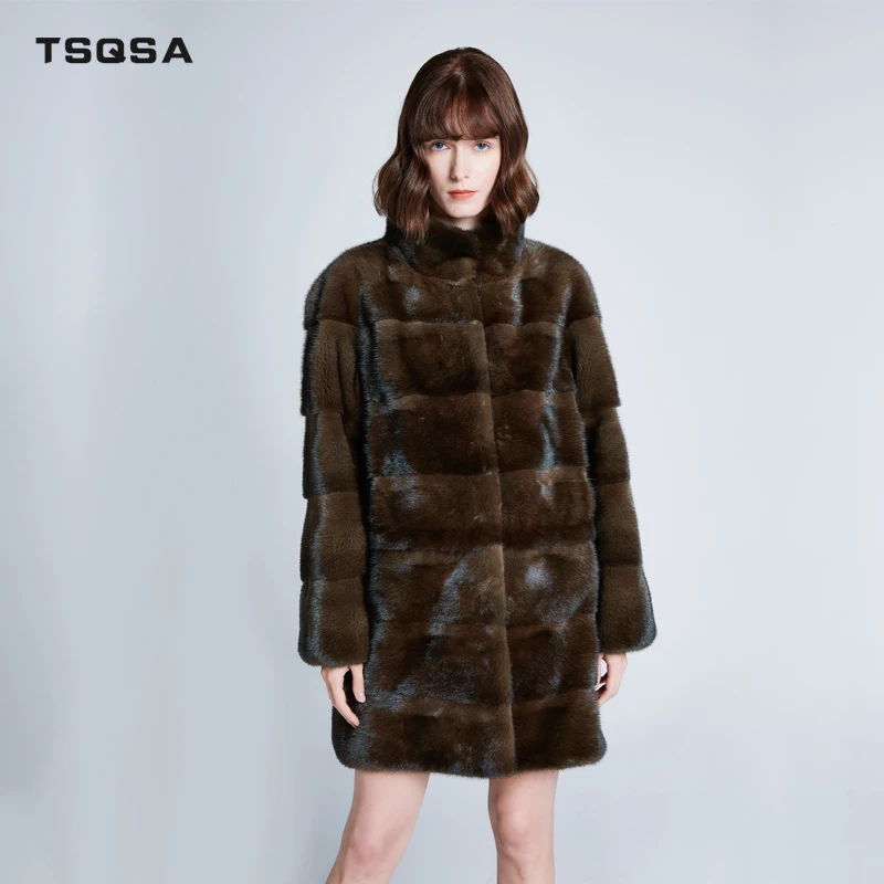 TSQSA Новая Роскошная Шуба из натурального меха женская зимняя элегантная шуба из натуральной норки с круглым вырезом Женский пуловер пальто TAC1926