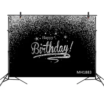 

Happy Birthday Backdrop Glitter Silver Dots and Black Photography Background Birthday Party Decorations Banner for Men Women