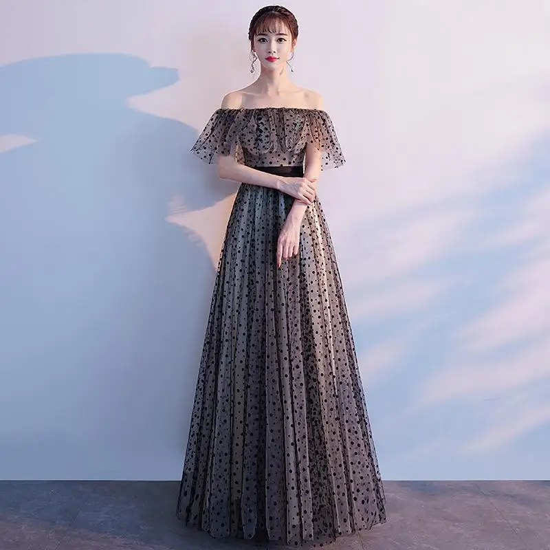 Элегантное вечернее платье полной длины, Qipao, сексуальное платье с отверстиями, новинка, в горошек, для девушек, Сетчатое, без бретелек, макси платье, Robe De Soiree - Цвет: Черный