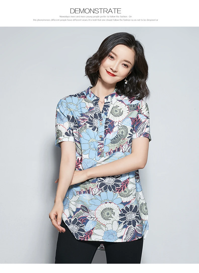 Primavera VerAo Nova feminino de cAnhamo de algodAo de с коротким рукавом плюс размер feminina de mEdio longo da camisa