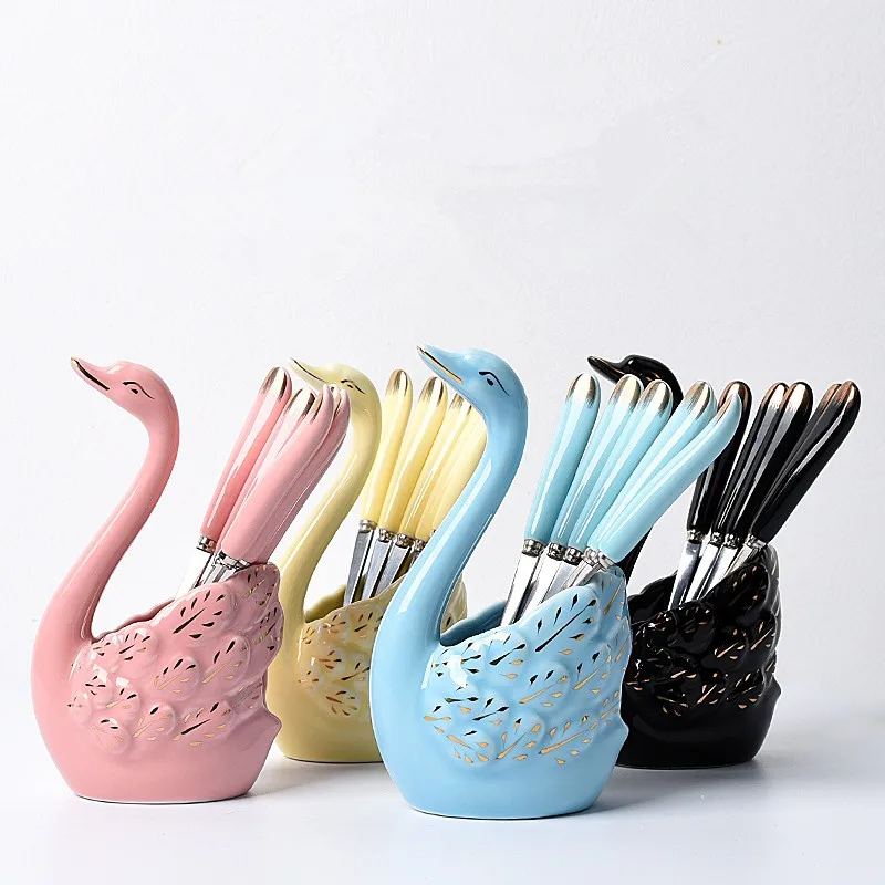 

Swan Base Holder Stainless Steel Fruit Forks Spoons Set Salad Dessert Forks Coffee Spoon Cake Tableware Swan Shape Flatware