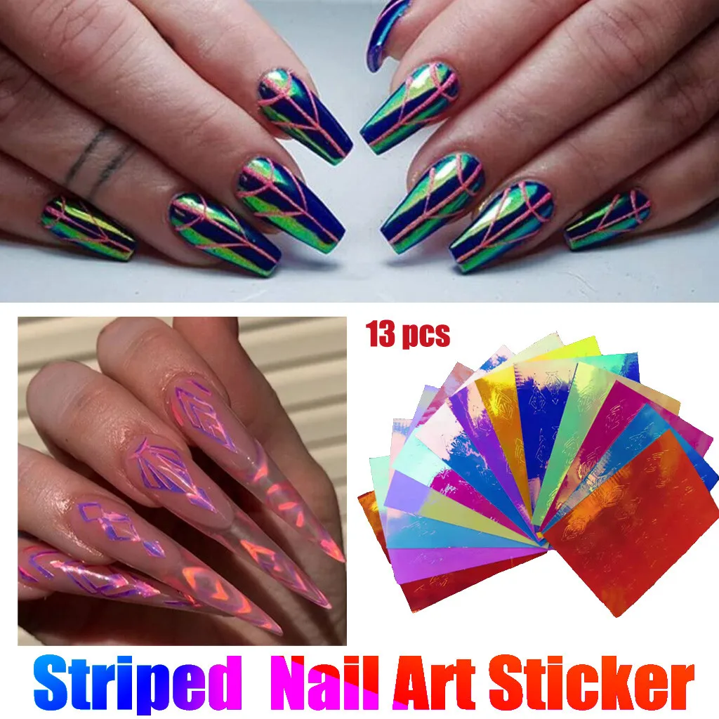 13PCS Nail Art Stickers Decoration Geometric Reflections Tape Adhesive Foils DIY Decoration Laser Nail Art Decal Sticker