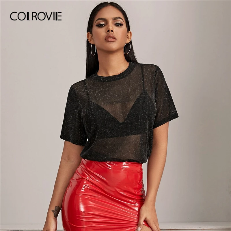 Черная Прозрачная Футболка COLROVIE с блестками сетчатый топ без бюстгальтера