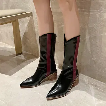 

Women Western Boots Mixed Color Slip on Women Mid Calf Boots Comfortable Square Heel Pointed Toe Short Boots Autumn Winter Shoes