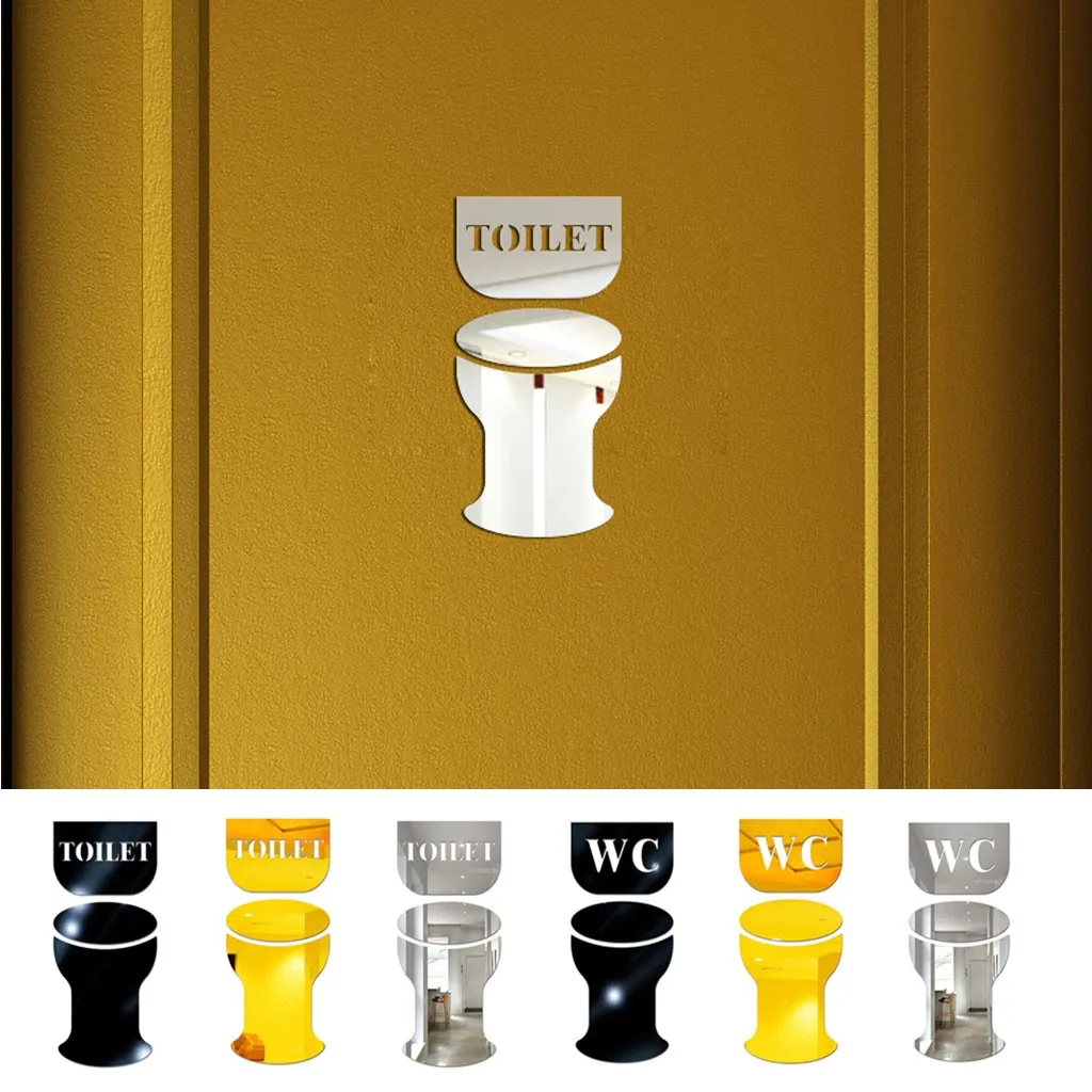 

Toilet Bathroom Tips Mirror Stickers Creative DIY Fashion Personality 3D Wall Stickers Shiny Acrylic Wc Toilet Door Prompt Sign