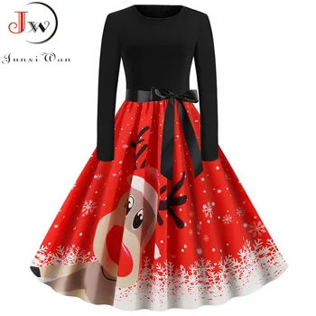 

Red Vintage Christmas Dress Women Long Sleeve Black Print Patchwork Winter Party Xmas Dress Robe Femme Pin Up New Year Plus Size