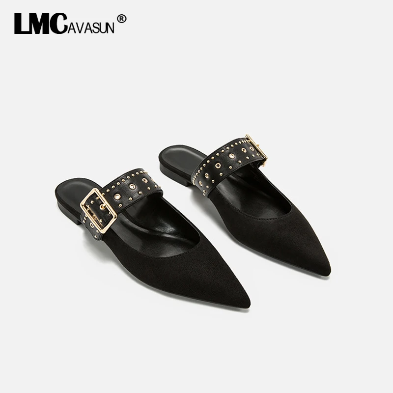 

LMCAVASUN Summer Genuine Leather Women Sandals Gold Rivet Buckle Strap Women Slippers 2019 Summer Slip On Women Flat Sandals