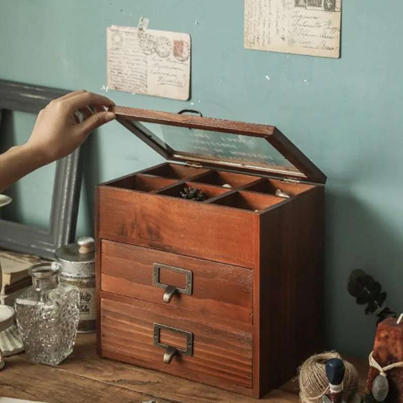 

Wooden Storage Box Retro Jewelry Storage Box With Flip Lid Rangement Box Desktop Shelf Organizer Storage Cabinet Органайзер