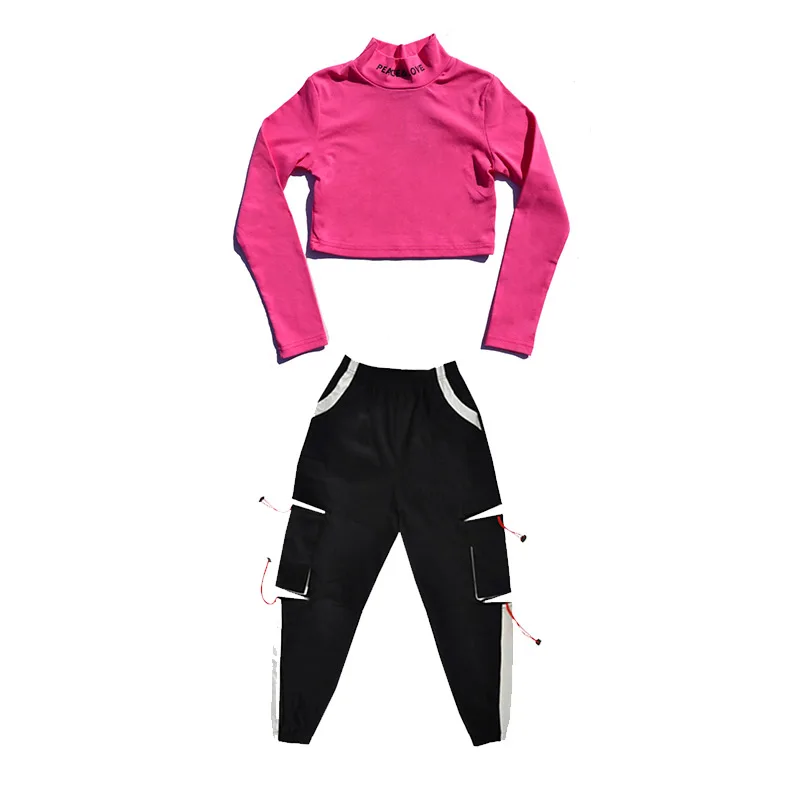 pink 2pcs Танцевальные костюмы в стиле хип-хоп для девочек, топы розового и зеленого цвета, штаны в стиле хип-хоп, танцевальная одежда в стиле джаз уличный, Детская современная танцевальная одежда для сцены, одежда для рейва DQS3419 - Цвет: pink 2pcs