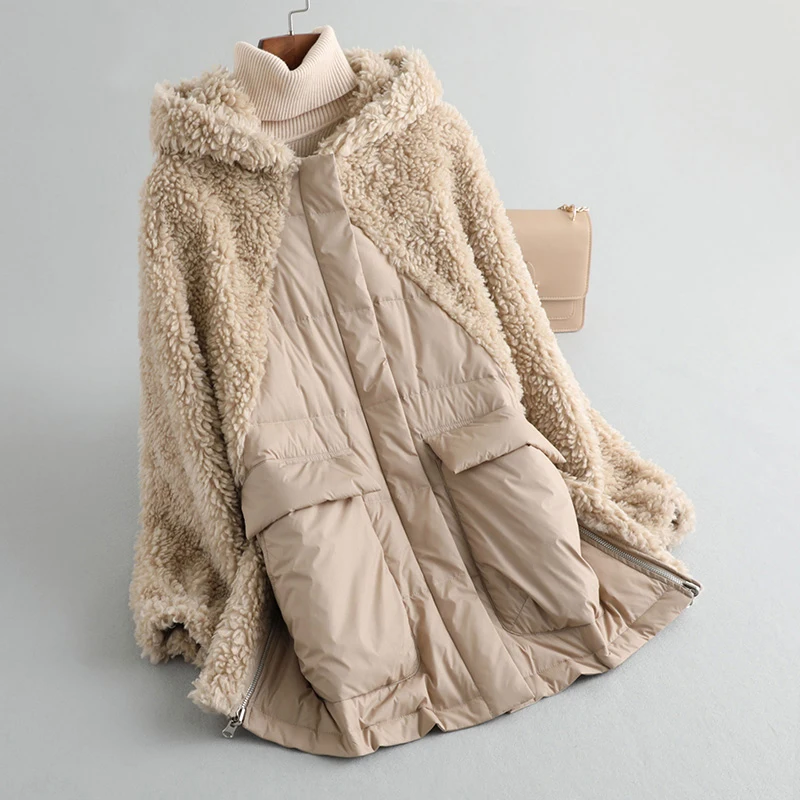 PUDI A59233 women winter polyester fabric real wool fur down warm jacket small camel fur girl coat lady Long jacket overcoat - Цвет: khaki