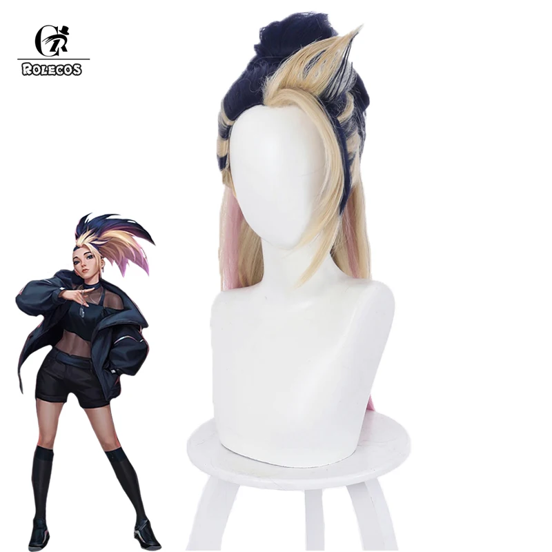 

ROLECOS LOL KDA Baddest Akali Cosplay Wig KDA Cosplay Game LOL Akali Wig Mixed Color Ponytail 50CM Long Hair For Women Headwear