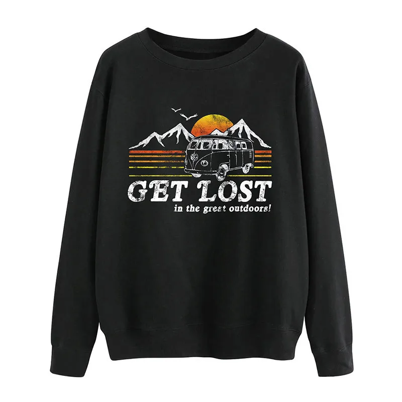 

GET LOST In The Great Outdoors Letter Print Women Hoodies Bus Mountain Sunrise Graphic Kpop Sweatshirt Female Oversized Hoodie