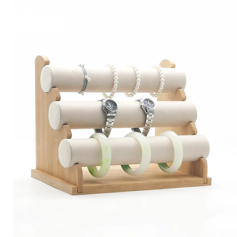 Beige Flocking Высокое качество 3 слоя бамбуковые часы браслет для хранения Стенд Браслет Ожерелье Органайзер для хранения бижутерии Держатель Витрина стойка - Цвет: Beige Flocking