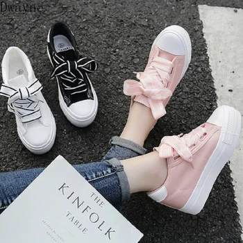 

2019 spring new thick bottom increased canvas shoes ribbon casual low to help single shoes women