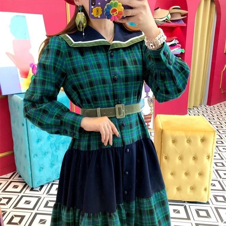 SHENGPALAE Новинка Весна Питер Пэн воротник длинный рукав vestidos лоскутное клетчатое корейское модное женское платье FV987