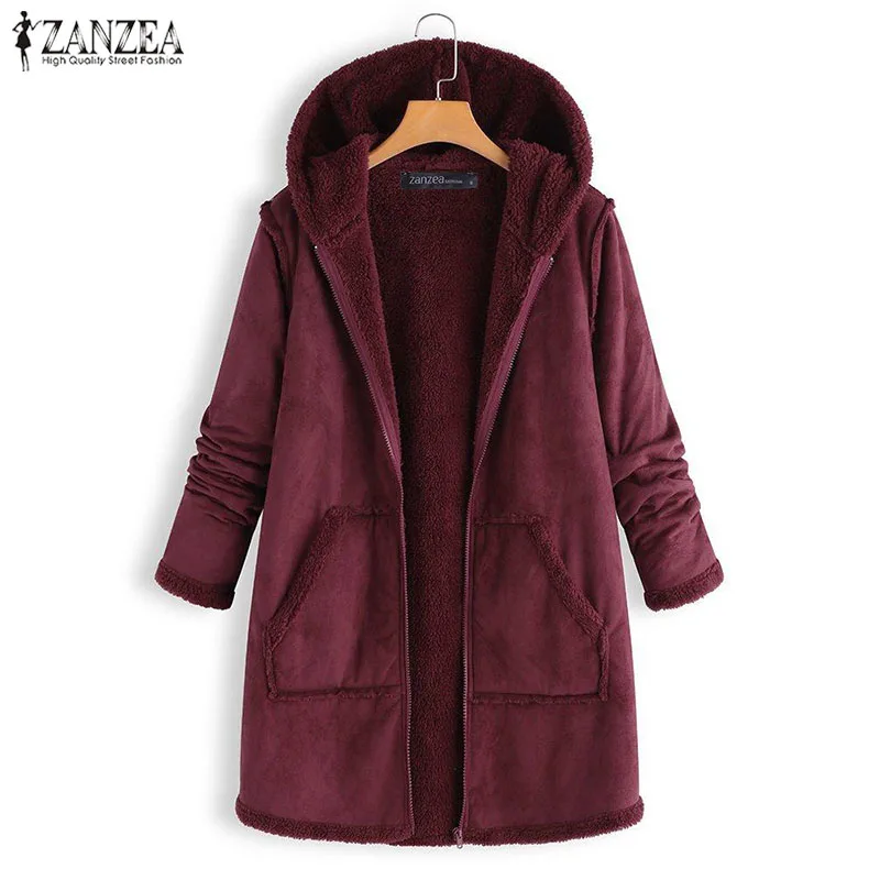 awesome  2019 Winter Solid Zipper Outerwear ZANZEA Hooded Fur Fluffy Warm Coats Autumn Women Casual Long Sle