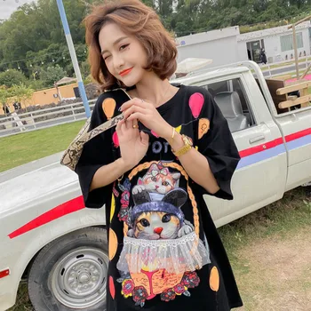 

BONJEAN Cat Printed Black Shirt for Women 2020 Summer Tops and Tees O-Neck Long Shirt with Sequin Ladies Loose T Shirt BJ3004