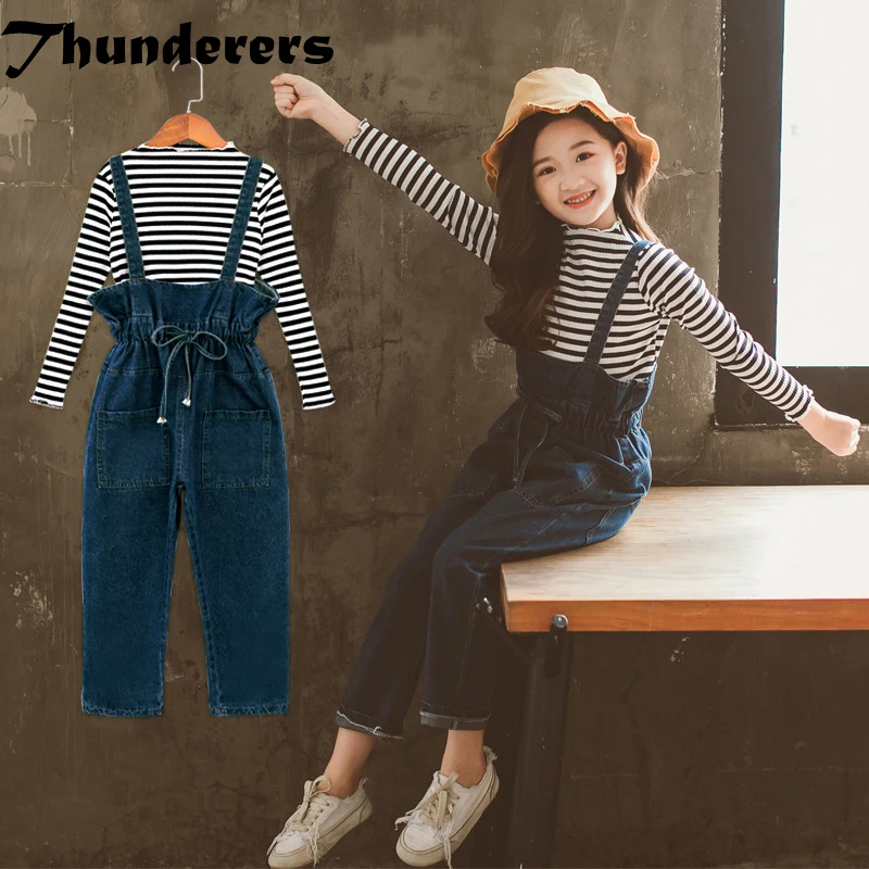 

Thunderers Spring Autumn Kids Clothing Set For Girls Striped Shirt & Overall Jeans Children 2pcs Outfits Toddler Baby Clothes