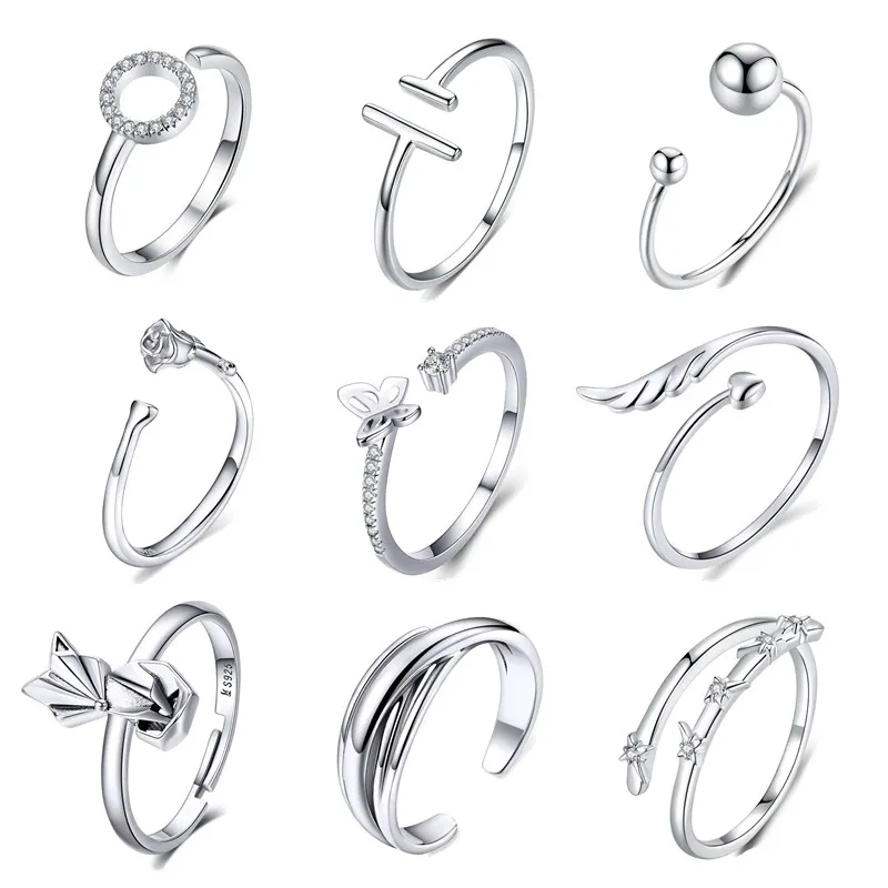 

INBEAUT 100% Real 925 Sterling Silver Fox Butterfly Rose Open Ring for Female Round CZ Circle Line Branch Flower Rings for Women