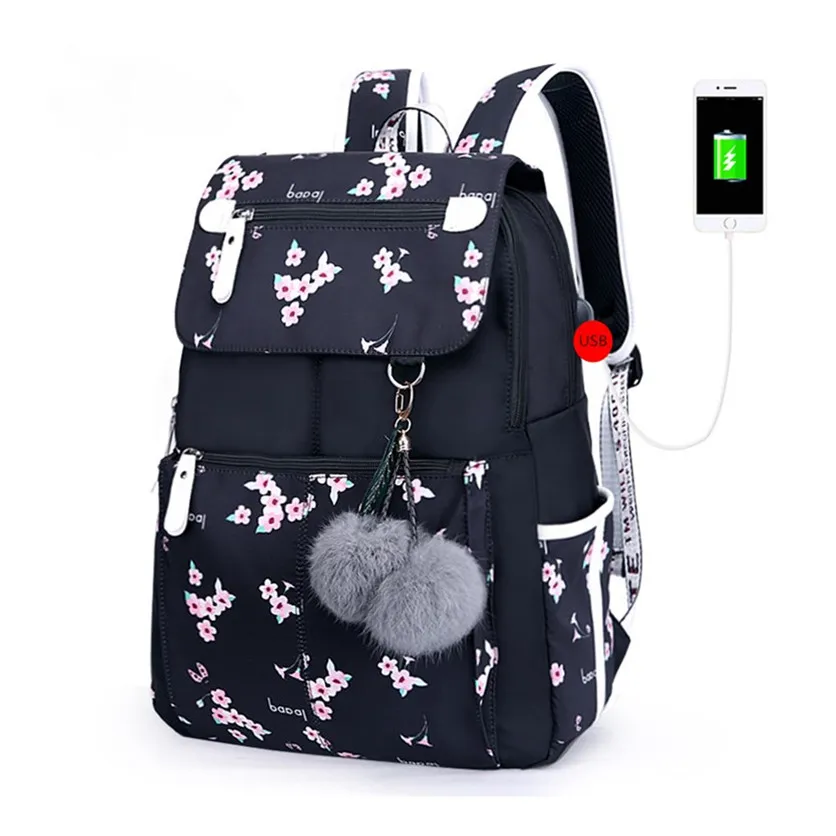 Fengdong escolar a la moda para mujer, morral escolar con usb para niña, mochila con bola de felpa, mochila con de mariposa|Mochilas escolares| - AliExpress