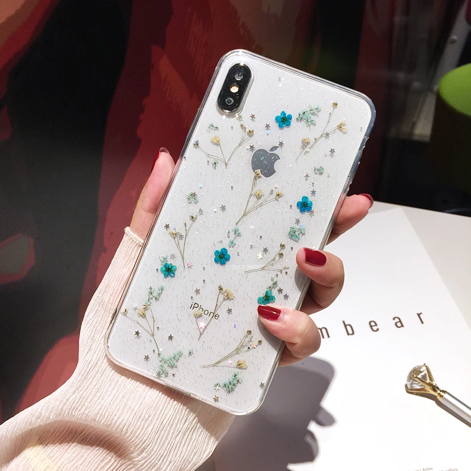 Чехол для iphone XR XS Max, Qianliyao, настоящие цветы, сушеные цветы, прозрачный мягкий чехол из ТПУ для iphone X, 6, 6 S, 7, 8 plus, телефон Cas