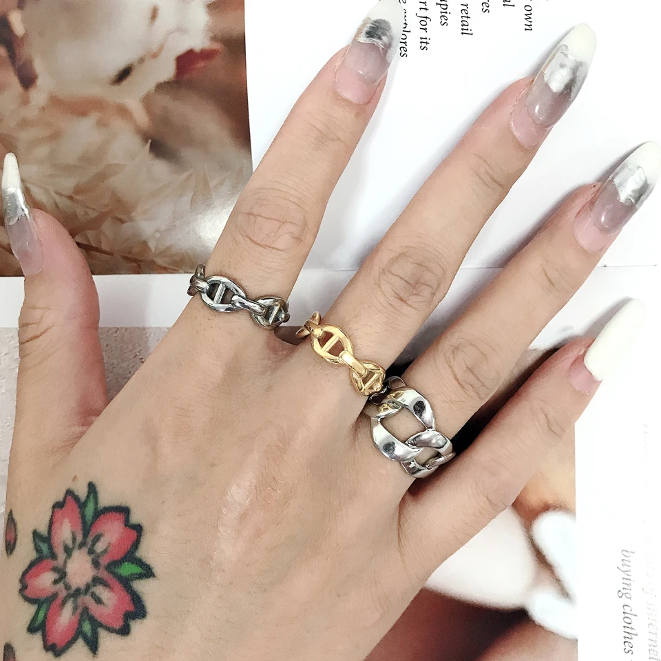 New 18 K Stainless Steel Chubby Rings For Women Simplicity Water Drop Gold Color Chain Ring Wedding Party Rings Jewelry Gift