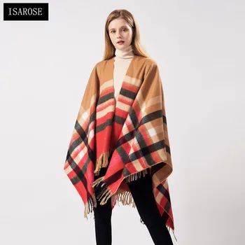 

ISAROSE Women Plaid Poncho Classic Jacquard Oversized Female Fringe Tassel Shawl Coats All Match Womens Stoles Blankets Winter