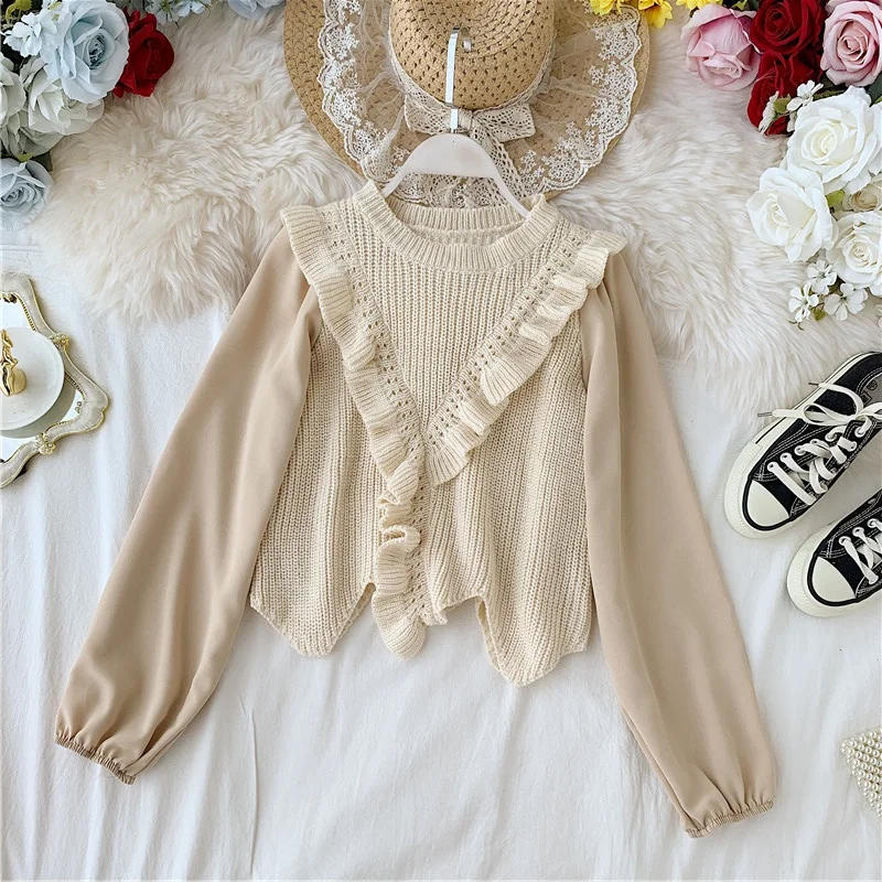 Neploe Pull Femme вязаный свитер с оборками и круглым вырезом с длинным рукавом осень зима милый пуловер свитера женский джемпер Трикотаж 55171