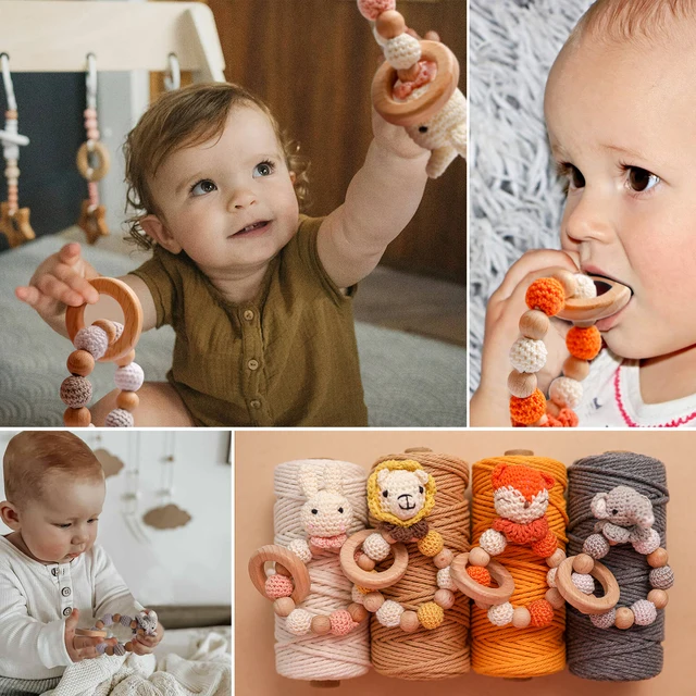 1 Pc Wooden Natural Crochet Baby Infant Teether Teething Ring Bracelet Toys Animal Shaped Nursing Bracelet Rattle Gift for Kids 5