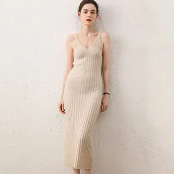 

100% Cashmere Female Sweater Sleeveless Sexy V-neck Long Sleeves Sweater Dress Women Knit Autumn Winter Warm Thickening Sweater