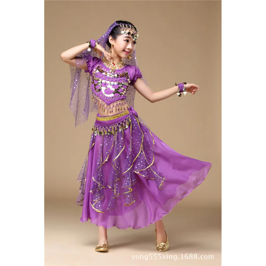 5 Colors Children's Day Belly Dance Stage Performance Baby Girl Kid Suit Oriental Indian Sequin Belly Costume Top Skirt Costume