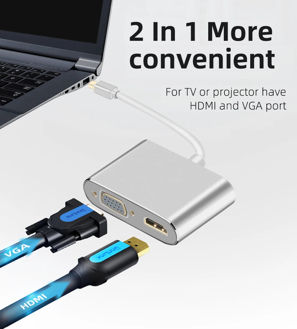 Адаптер Unnlink Mini DP DisplayPort HDMI VGA конвертер Thunderbolt 2 4K для ноутбука MB Air 13 Surface Pro|Кабели