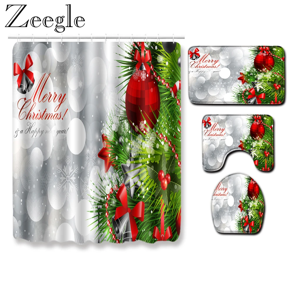

Waterproof Bathroom Decoration Shower Curtain Christmas Bath Curtain Anti-slip Bathroom Carpet Set Toilet Pedestal Rug Foot Mat