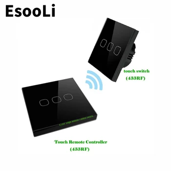 

EsooLi Black Mute Switch EU Standard 1/2/3 Gang 2 Way Wireless Remote Wall Light Touch Switch Wireless Stick Remote Touch Switch