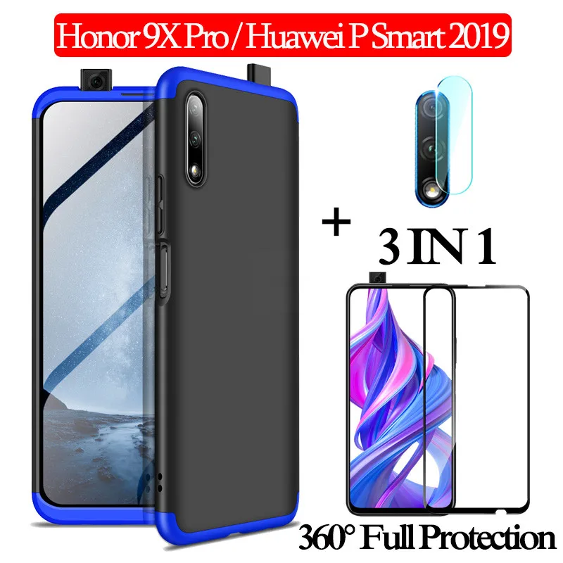 3-в-1 cтекло+ 360 Защитный чехол на хонор 9x чехол Honor 9X Pro полная защита чехол Huawei-P-Smart- чехол хуавей-п-смарт- Пластик жесткий чехол хонор-9x задняя крышка чехол honor-9x - Цвет: CaseFrontLensGlass3