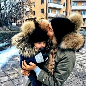 

Fashion Parent-child Caps Cute Infant Baby Pompon Winter Hat Double Fur Ball Hat Mother Kids Warm Knitted Hat Newborn Beanie Cap