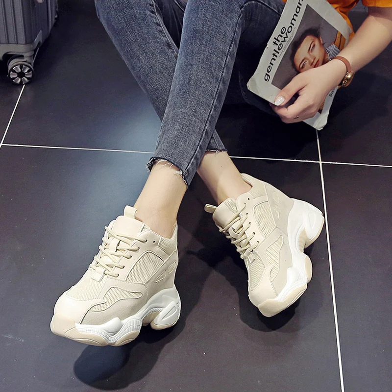Autumn Women Super High Heel Sneakers Comfortable Round Head Vulcanized Shoes Woman Mesh Running Shoes Ladies Casual Shoes