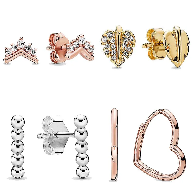 

Rose Shine Leaf Tiara Wishbone Asymmetric Heart Earring 925 Sterling Silver Earring Studs For Women Wedding Gift DIY Jewelry