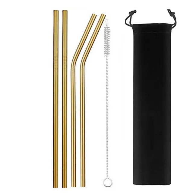 Gold 4pcs 2/8 шт многоразовые металлические соломинки из нержавеющей стали крепкие изогнутые прямые соломинки для напитков с чистящей щеткой вечерние аксессуары для бара - Цвет: Gold 4pcs