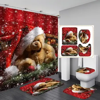 

4PCS/Set Merry Christmas Shower Curtain with Non-Slip Rugs Toilet Lid Cover Bath Mat and 12 Hooks for Christmas Bathroom Decor
