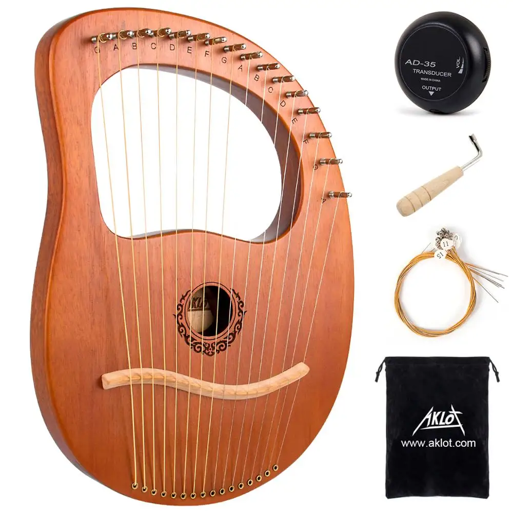 

AKLOT Lyre Harp 16 String Solid Mahogany Maple Saddle String Instrument w/ Tuning Wrench Bag Spare String Pickup