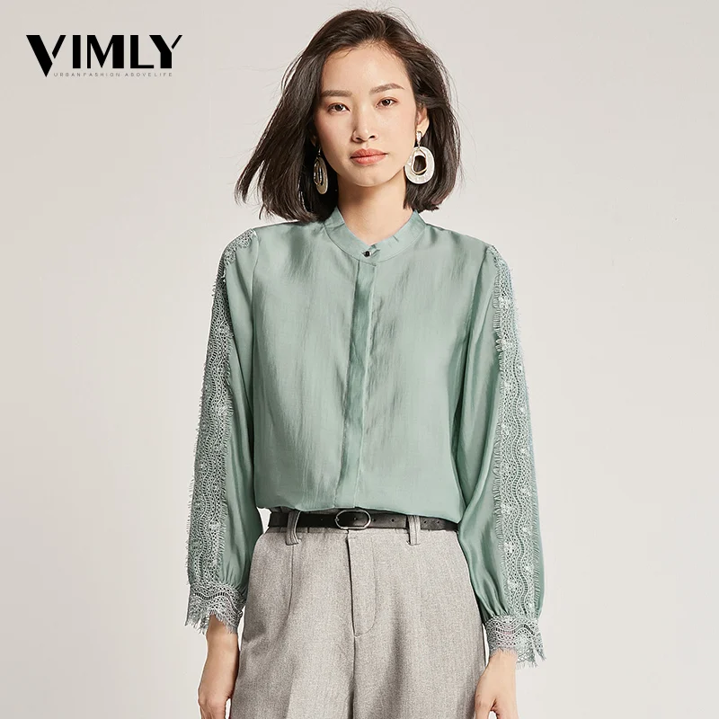 

Vimly Spring Autumn Women Office Ladies Shirt Long Sleeve Lace Patchwork Green Female Blouse Shirts Business Stylish Tops
