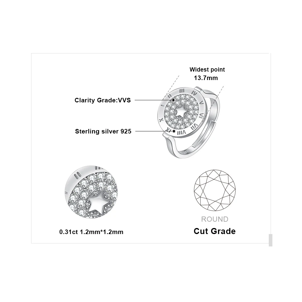 Ювелирное круглое кольцо из Кубического циркония с гравировкой в виде звезды, римская цифра, регулируемое кольцо, 925 пробы Серебряное кольцо