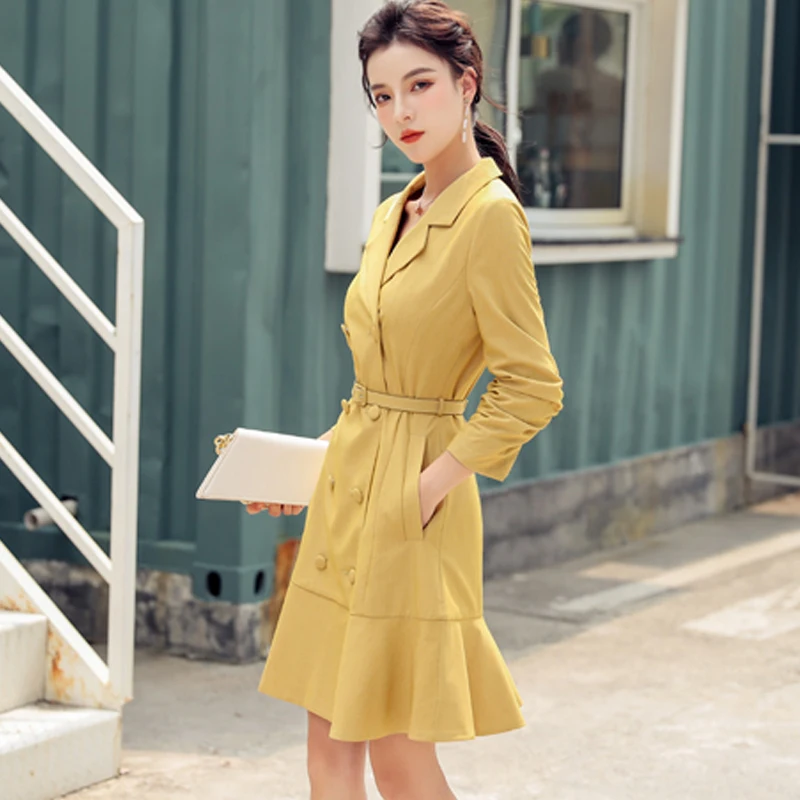 Yellow H Han queen однотонное двубортное платье трапециевидной формы для женщин осенние Элегантные короткие платья во французском стиле с зубчатым вырезом Vestidos - Цвет: Yellow