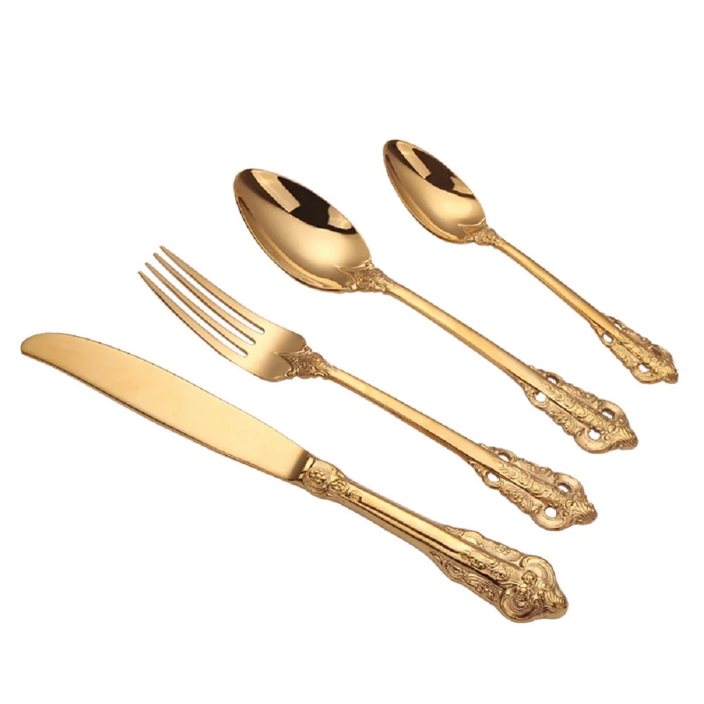 

4pc Nordic palace hollow carved cutlery Western tableware, high-grade 304 stainless steel retro embossed
