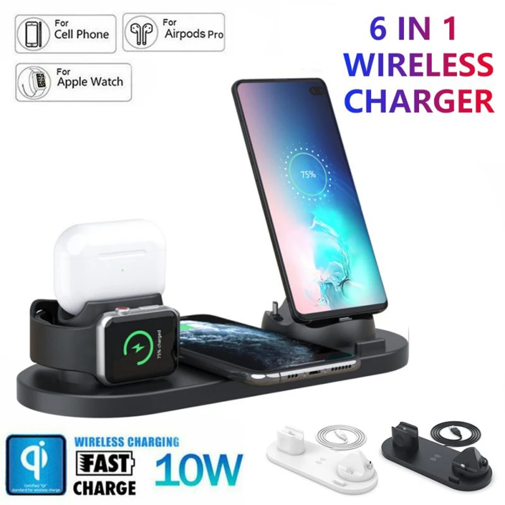 2021 6 in 1 Wireless Charger Dock Station For iPhone/Android/Type-C USB Phones 10W Qi Fast Charging For Apple Watch AirPods Pro